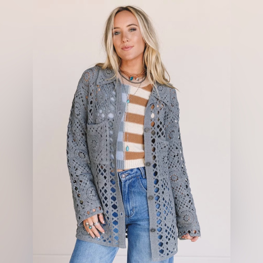 POL Crochet Openwork Button-Up Cardigan Sweater in Charcoal, NWOT